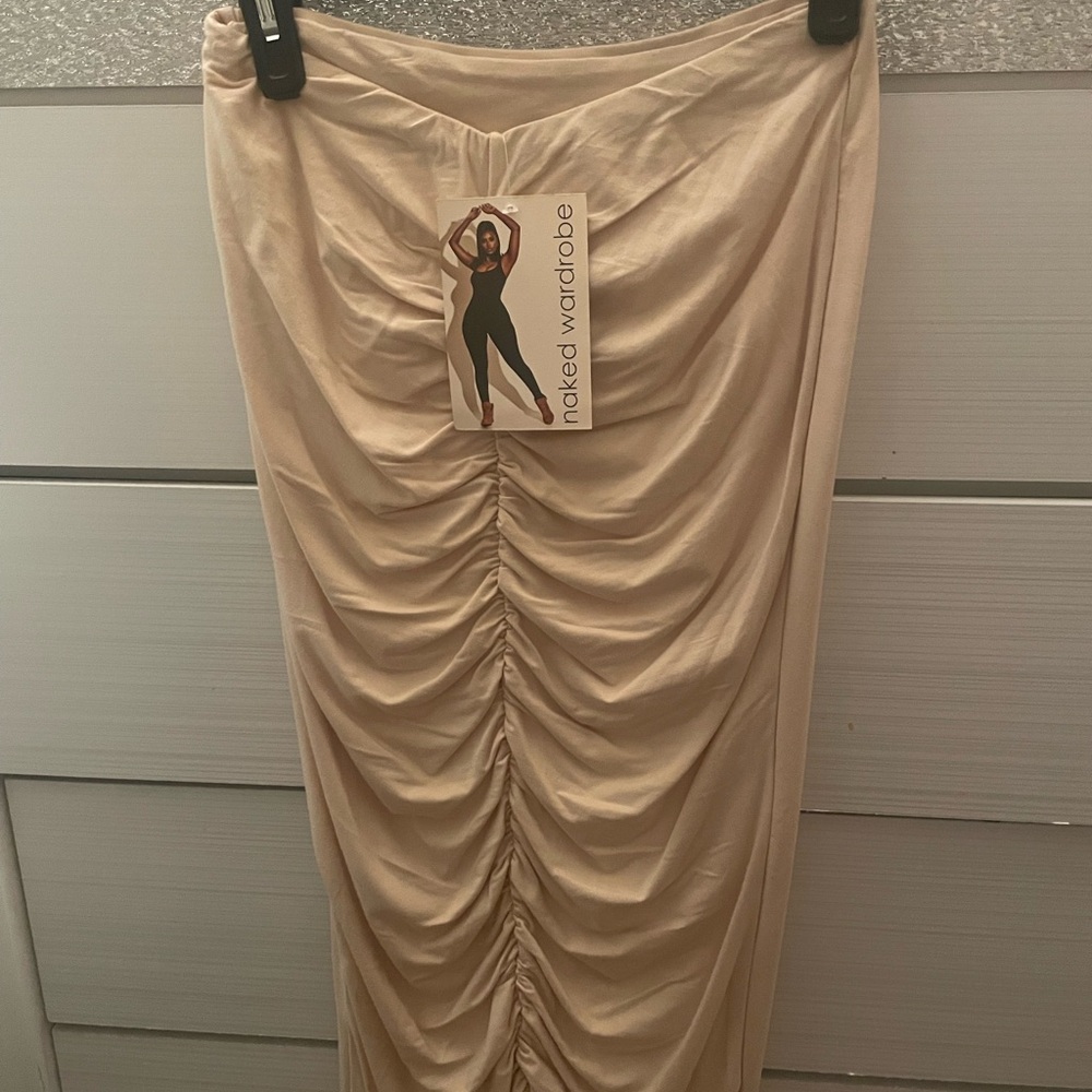 Naked Wardrobe Beige Ruched Pencil Skirt